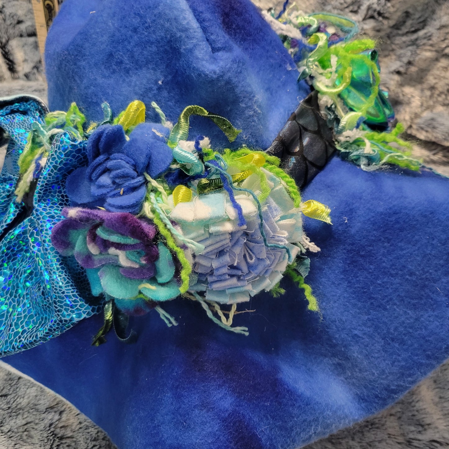 Blue Sea Witch Hat with soft sculpted elements. Hat head area measures approx 7-7.5in