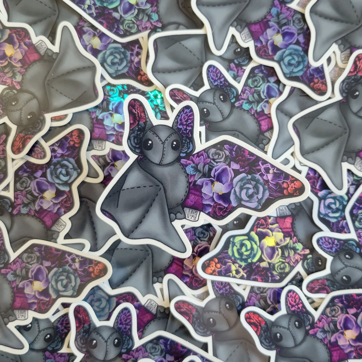 Dark Holographic Floral Bat Plushie Sticker