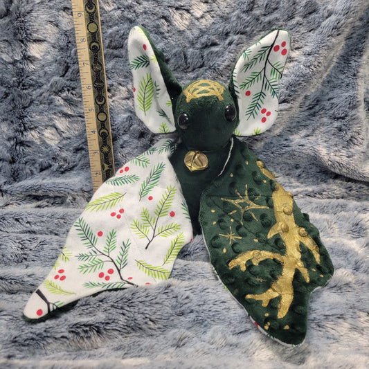 Dark Green Yule Bat : featuring a gold bell and a painted gold pentagram and stag horns with stars