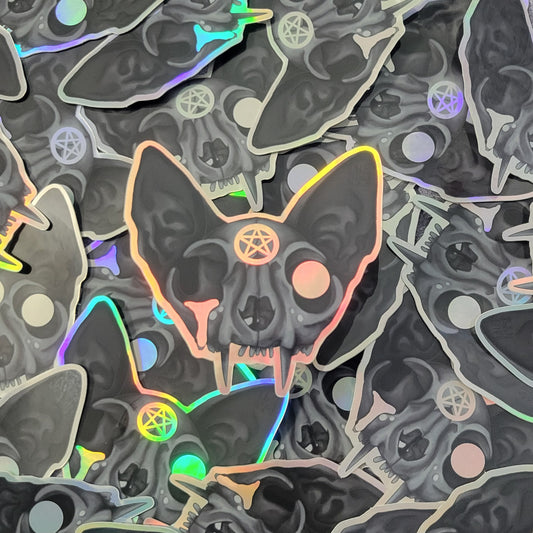 Holographic Possessed Cat Skull Sticker