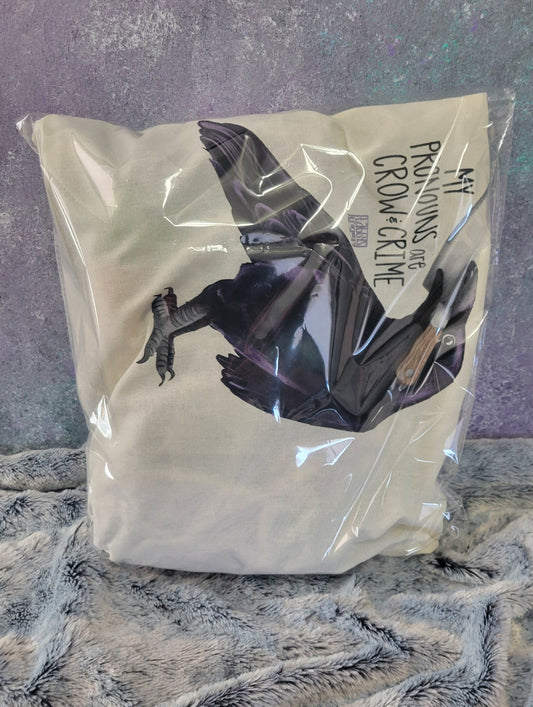 $50 My pronouns are crow and crime Tote Bag MYSTERY Bundle PLUSHIE GUARENTEED (size XL)